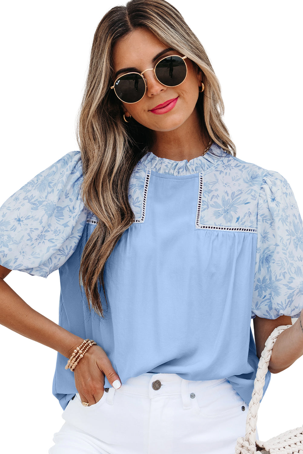 Beau Blue Lace Insert Floral Puff Sleeve Patchwork Loose Blouse-Tops/Blouses & Shirts-[Adult]-[Female]-2022 Online Blue Zone Planet