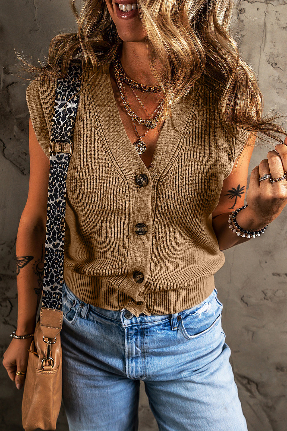 Parchment V Neck Buttoned Front Sweater Vest-Sweaters & Cardigans/Sweater Vests-[Adult]-[Female]-Parchment-S-2022 Online Blue Zone Planet