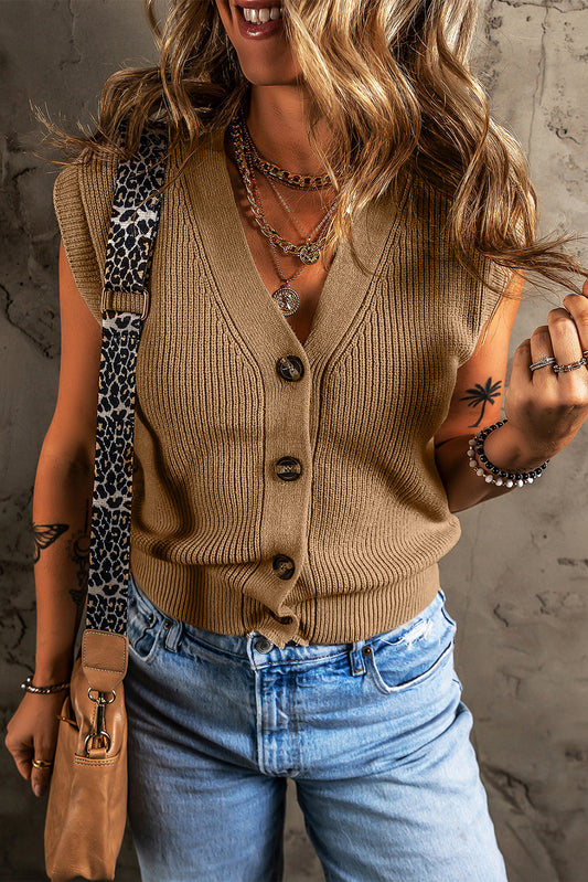 Parchment V Neck Buttoned Front Sweater Vest-Sweaters & Cardigans/Sweater Vests-[Adult]-[Female]-Parchment-S-2022 Online Blue Zone Planet