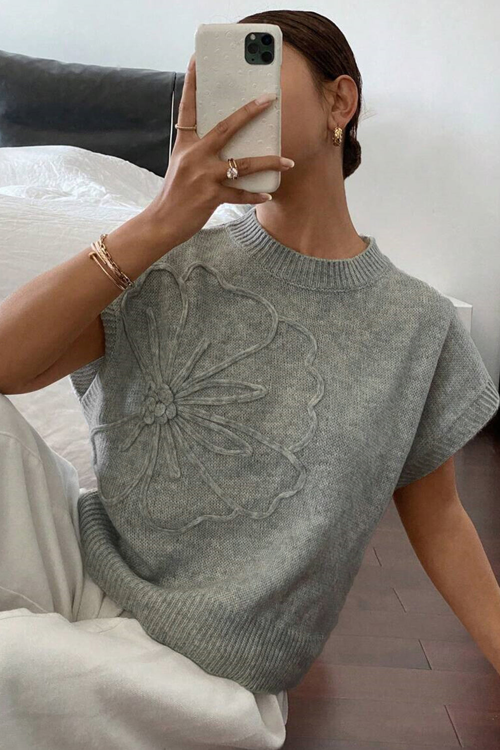High Flower Pattern Ribbed Trim Short Sleeve Boxy Sweater-TOPS / DRESSES-[Adult]-[Female]-2022 Online Blue Zone Planet