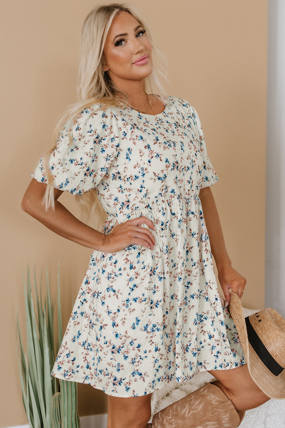 Beige Floral Puff Short Sleeve Empire Waist Mini Dress-TOPS / DRESSES-[Adult]-[Female]-2022 Online Blue Zone Planet