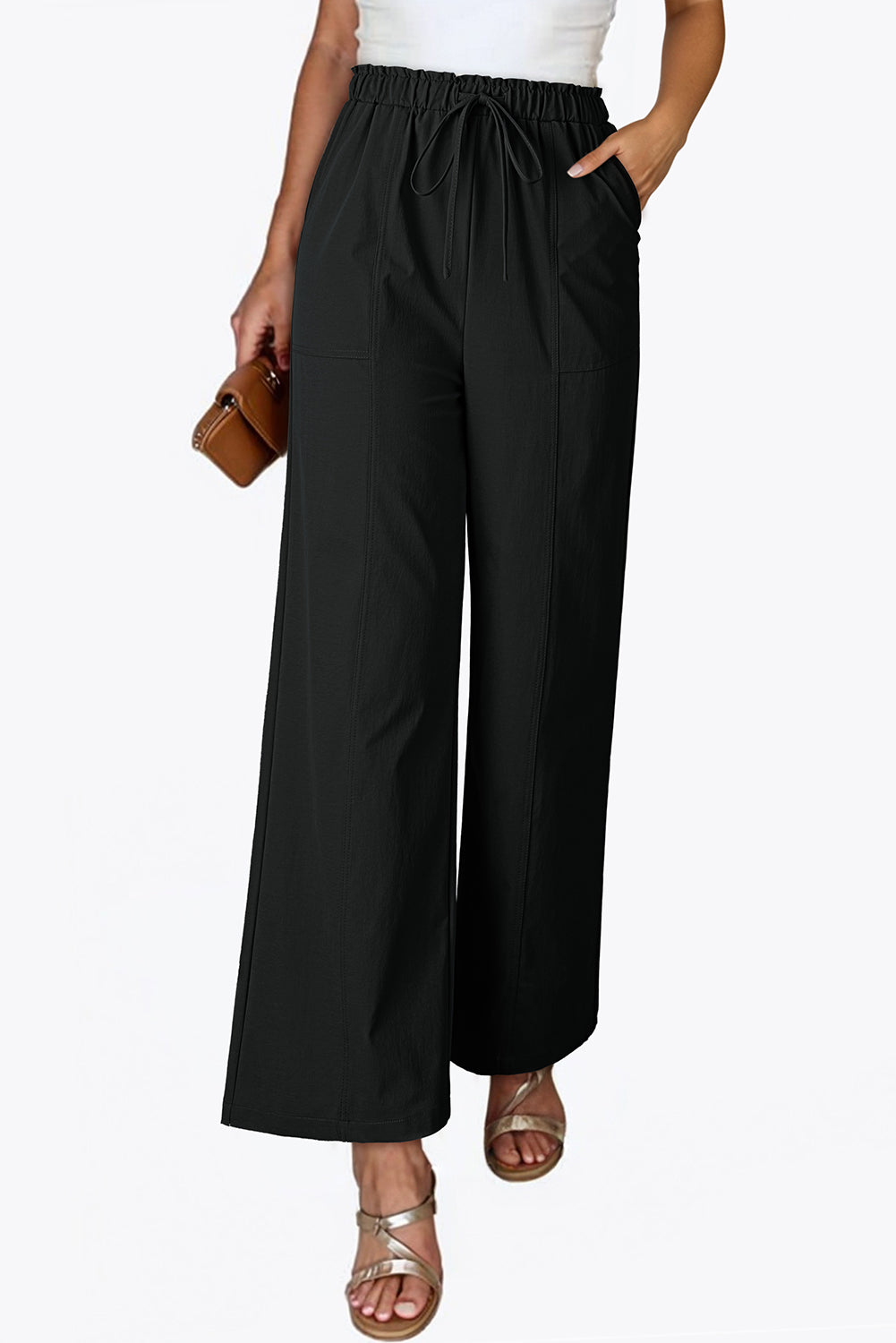 Black Solid Color Drawstring Elastic Waist Casual Loose Pants-Bottoms/Pants & Culotte-[Adult]-[Female]-2022 Online Blue Zone Planet