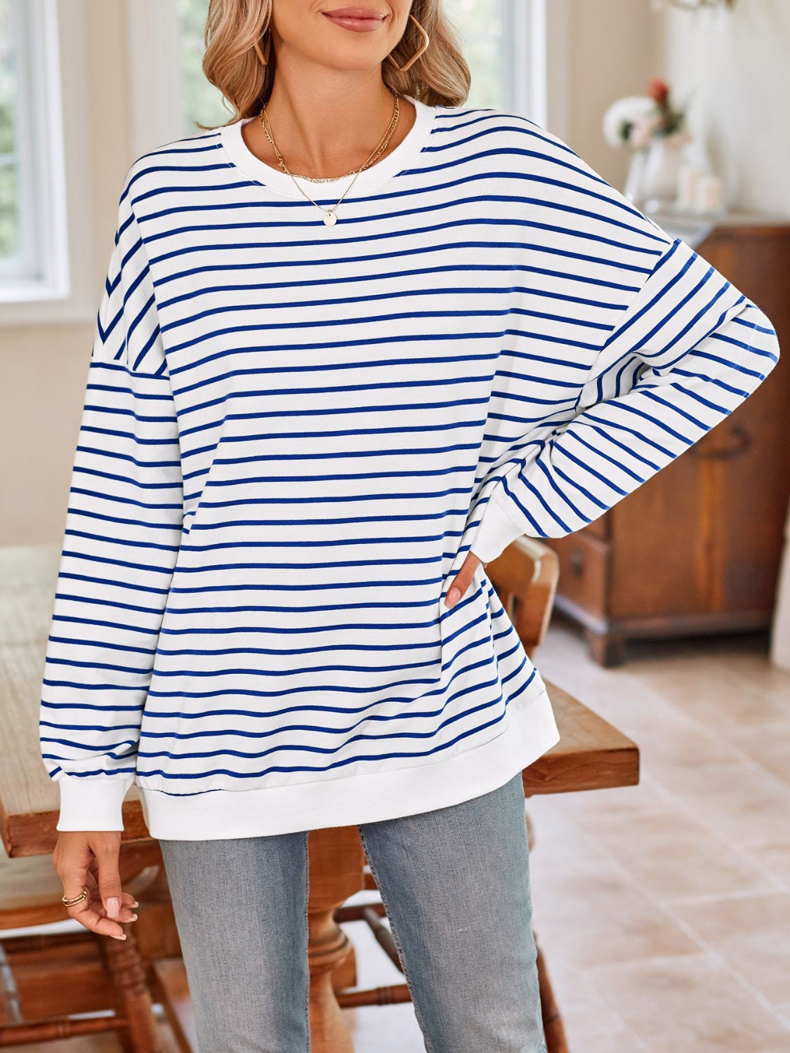 Blue Zone Planet | Lovelet Striped Round Neck Long Sleeve Sweatshirt-TOPS / DRESSES-[Adult]-[Female]-2022 Online Blue Zone Planet