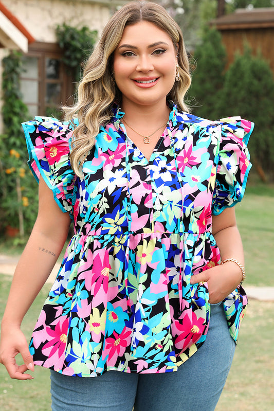 Blue Floral Flutter Sleeve Tied Notched Neck Plus Size Blouse-Plus Size/Plus Size Tops/Plus Size Blouses & Shirts-[Adult]-[Female]-2022 Online Blue Zone Planet