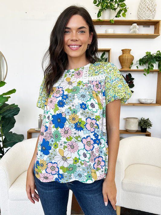 Printed Round Neck Puff Sleeve Blouse-TOPS / DRESSES-[Adult]-[Female]-Lime-S-2022 Online Blue Zone Planet