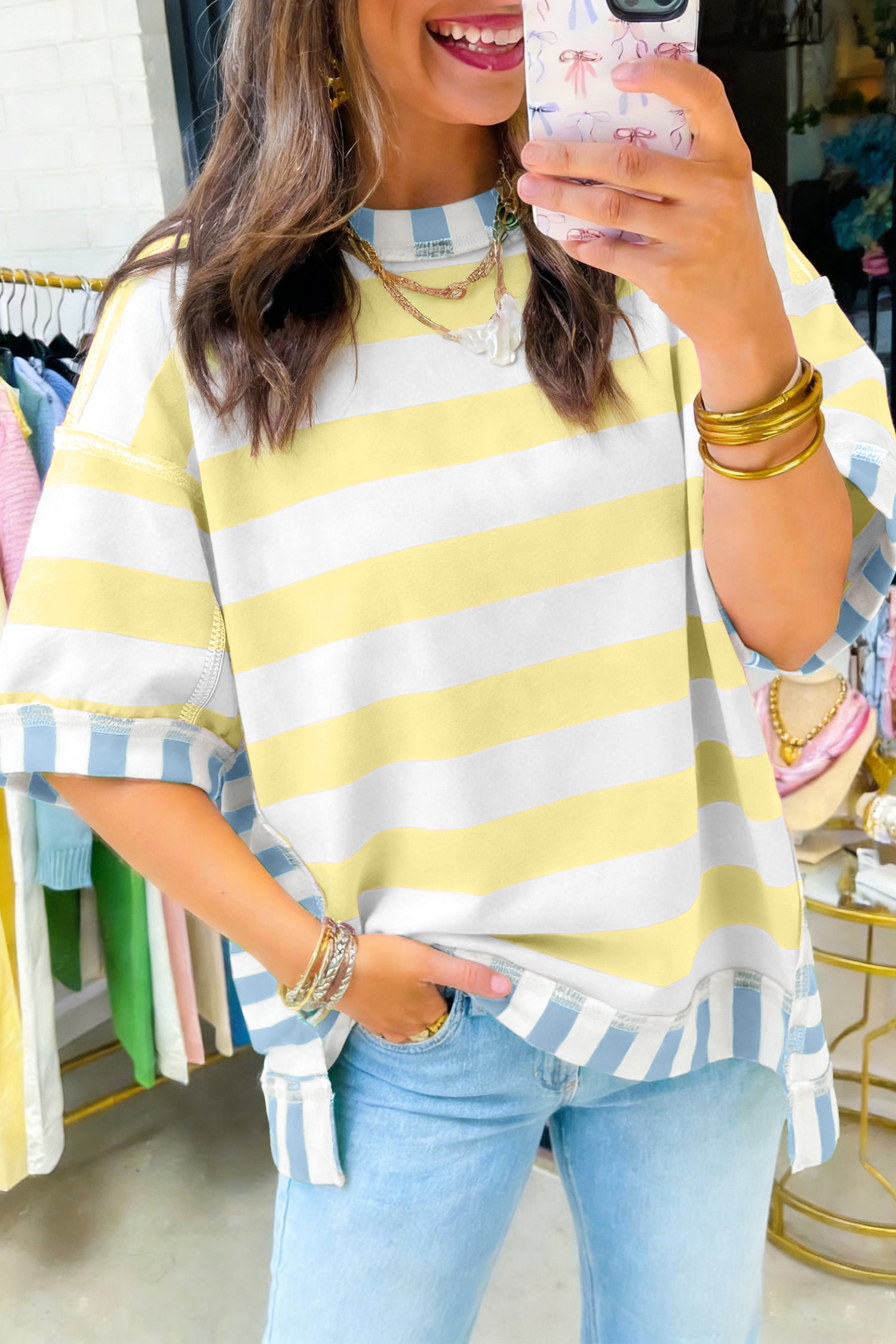 Pink Stripe Exposed Seam Contrast Patchwork Oversized Top-Tops/Tops & Tees-[Adult]-[Female]-2022 Online Blue Zone Planet