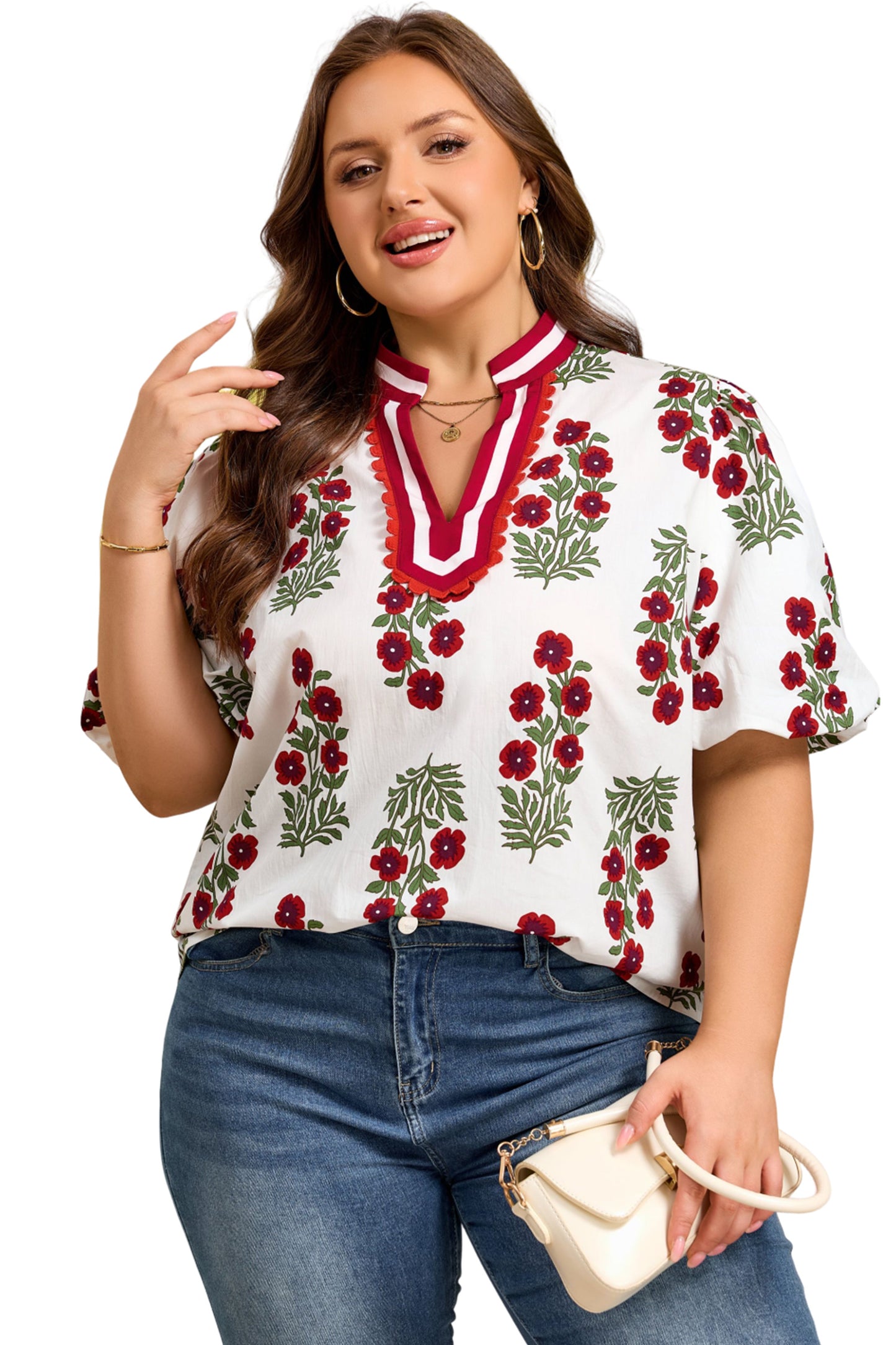 Black Plus Size Floral Print Ricrac Striped Trim Short Sleeve Cotton Blouse-Plus Size/Plus Size Tops/Plus Size Blouses & Shirts-[Adult]-[Female]-2022 Online Blue Zone Planet
