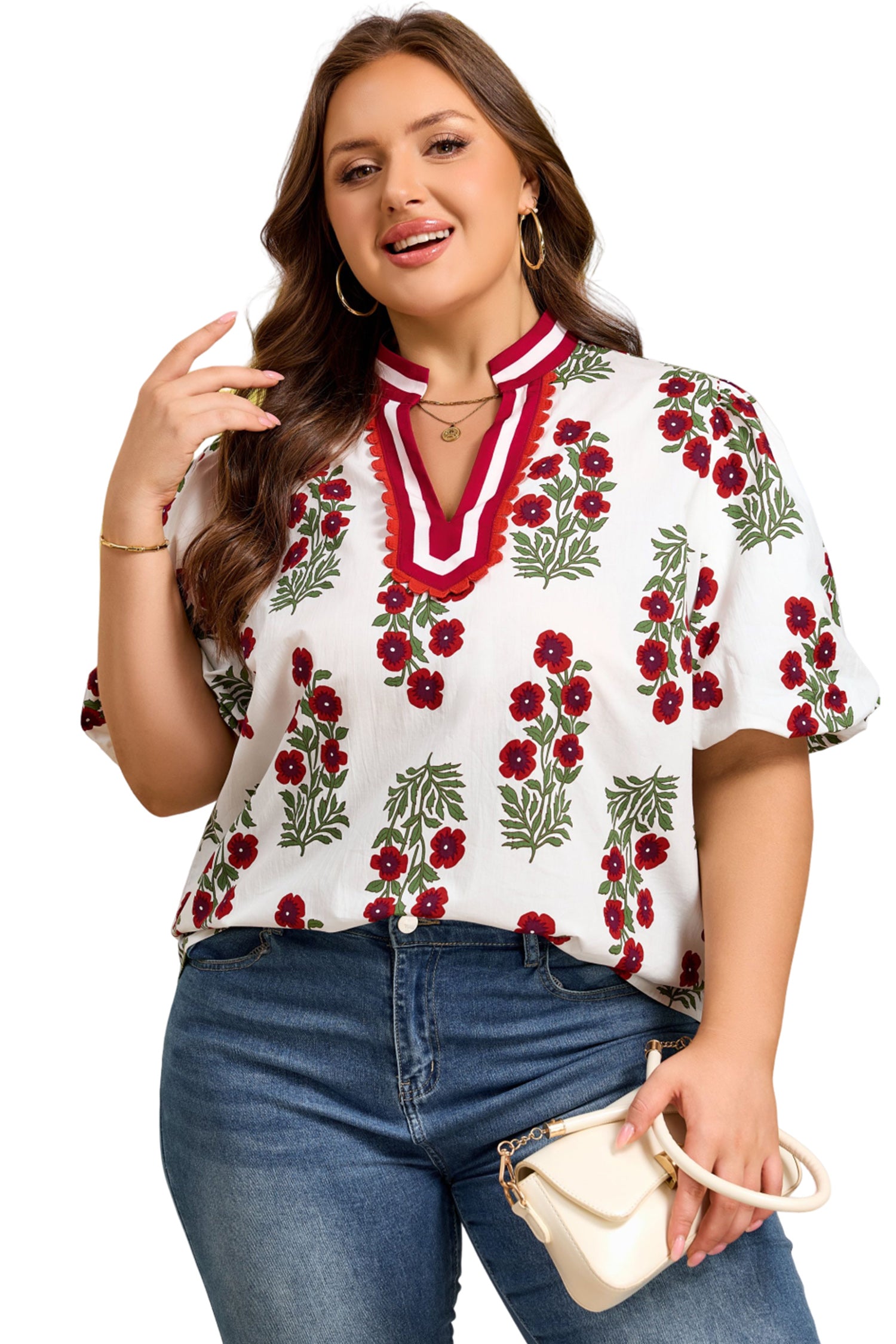 Black Plus Size Floral Print Ricrac Striped Trim Short Sleeve Cotton Blouse-Plus Size/Plus Size Tops/Plus Size Blouses & Shirts-[Adult]-[Female]-2022 Online Blue Zone Planet