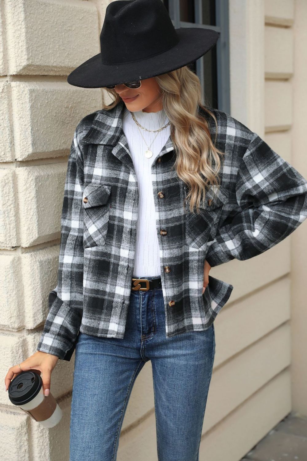 Pocketed Plaid Collared Neck Dropped Shoulder Jacket-TOPS / DRESSES-[Adult]-[Female]-2022 Online Blue Zone Planet