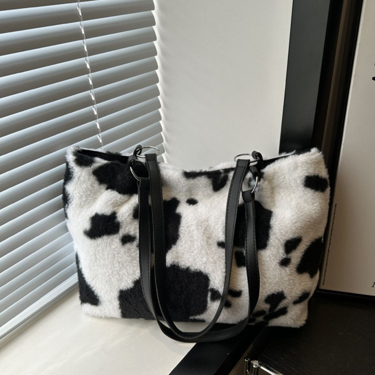 Blue Zone Planet | Cow Print Furry Tote Bag-HANDBAGS-[Adult]-[Female]-Black-One Size-2022 Online Blue Zone Planet