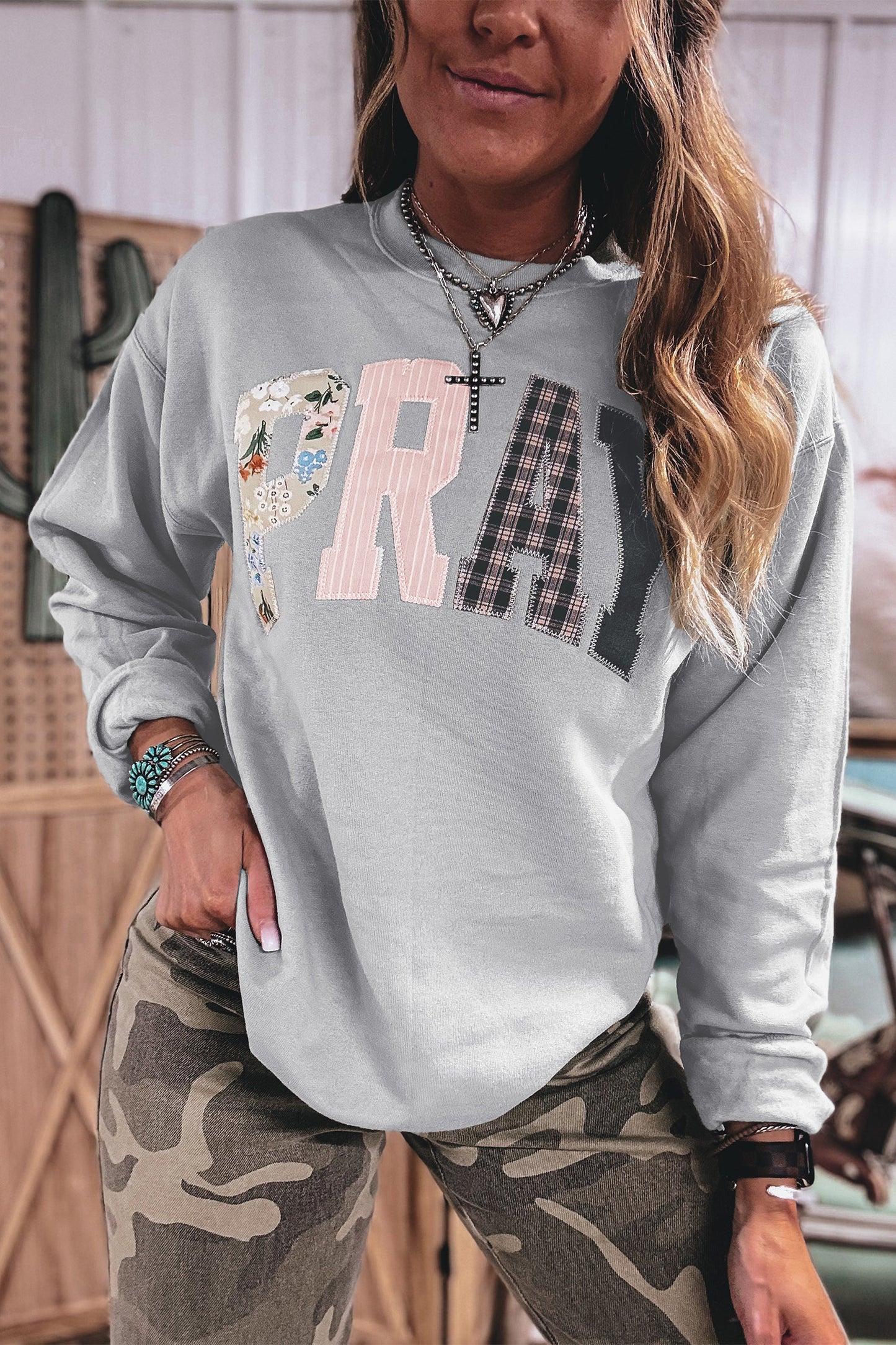 Gray Floral Buffalo Plaid Striped Embroidered Patch Western Pullover Sweatshirt