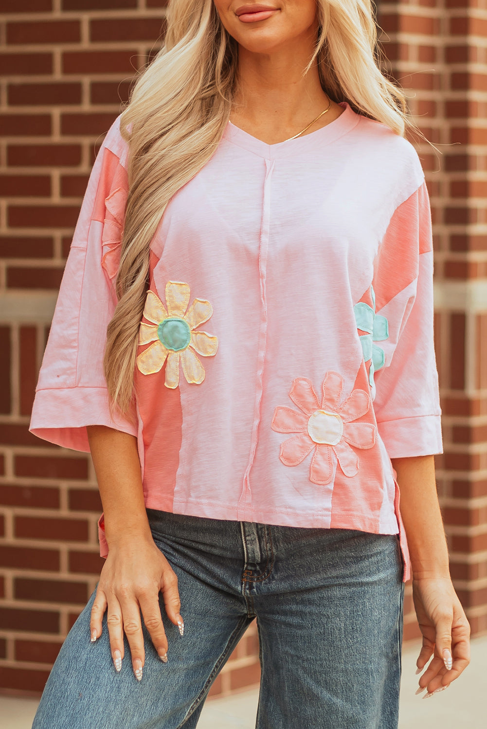 Pink Flower Patched Exposed Seam Bracelet Sleeve Oversized T Shirt-Bracelet-[Adult]-[Female]-2022 Online Blue Zone Planet