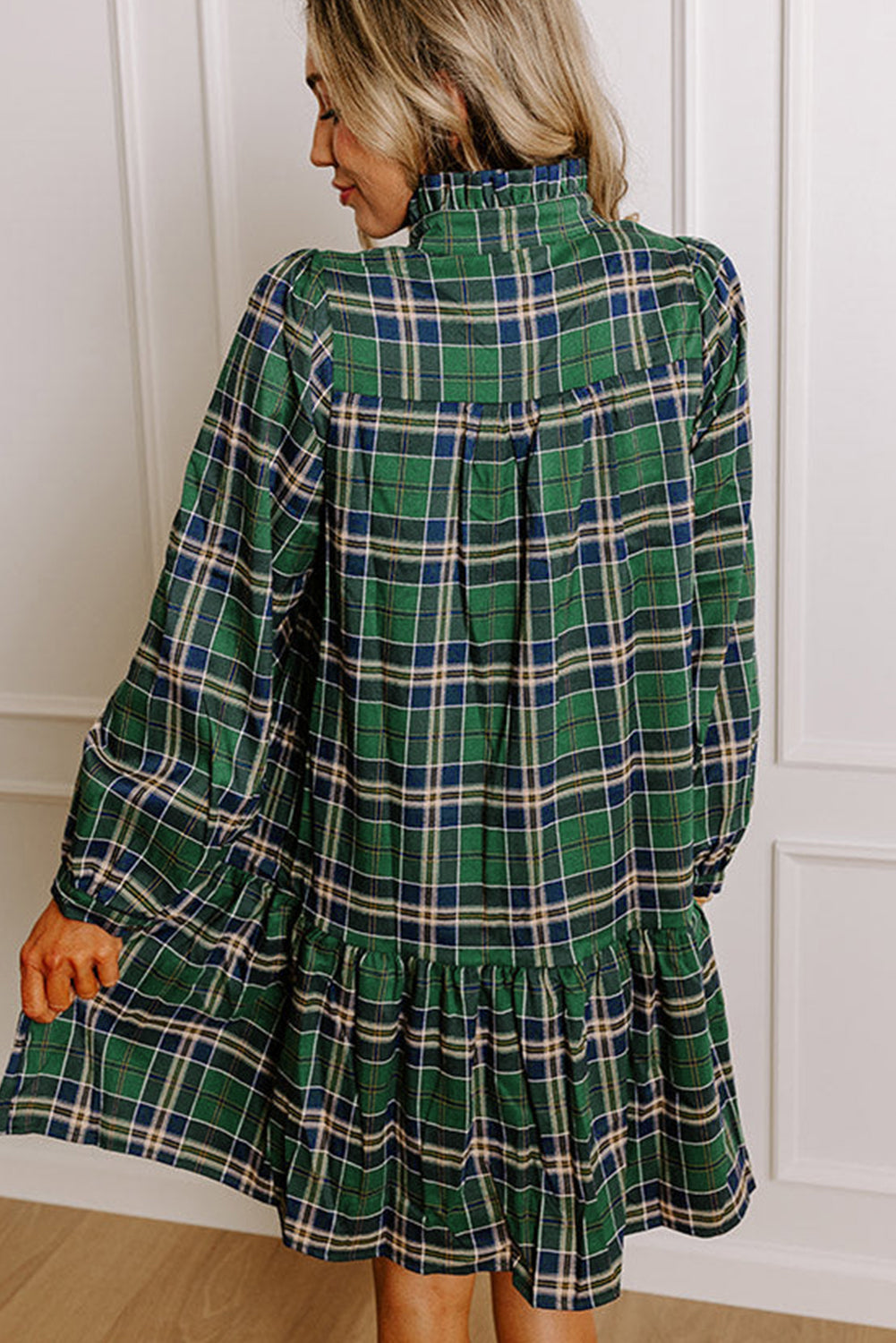 Green Plaid Print Frilly Collar Long Sleeve Shift Mini Dress-TOPS / DRESSES-[Adult]-[Female]-2022 Online Blue Zone Planet