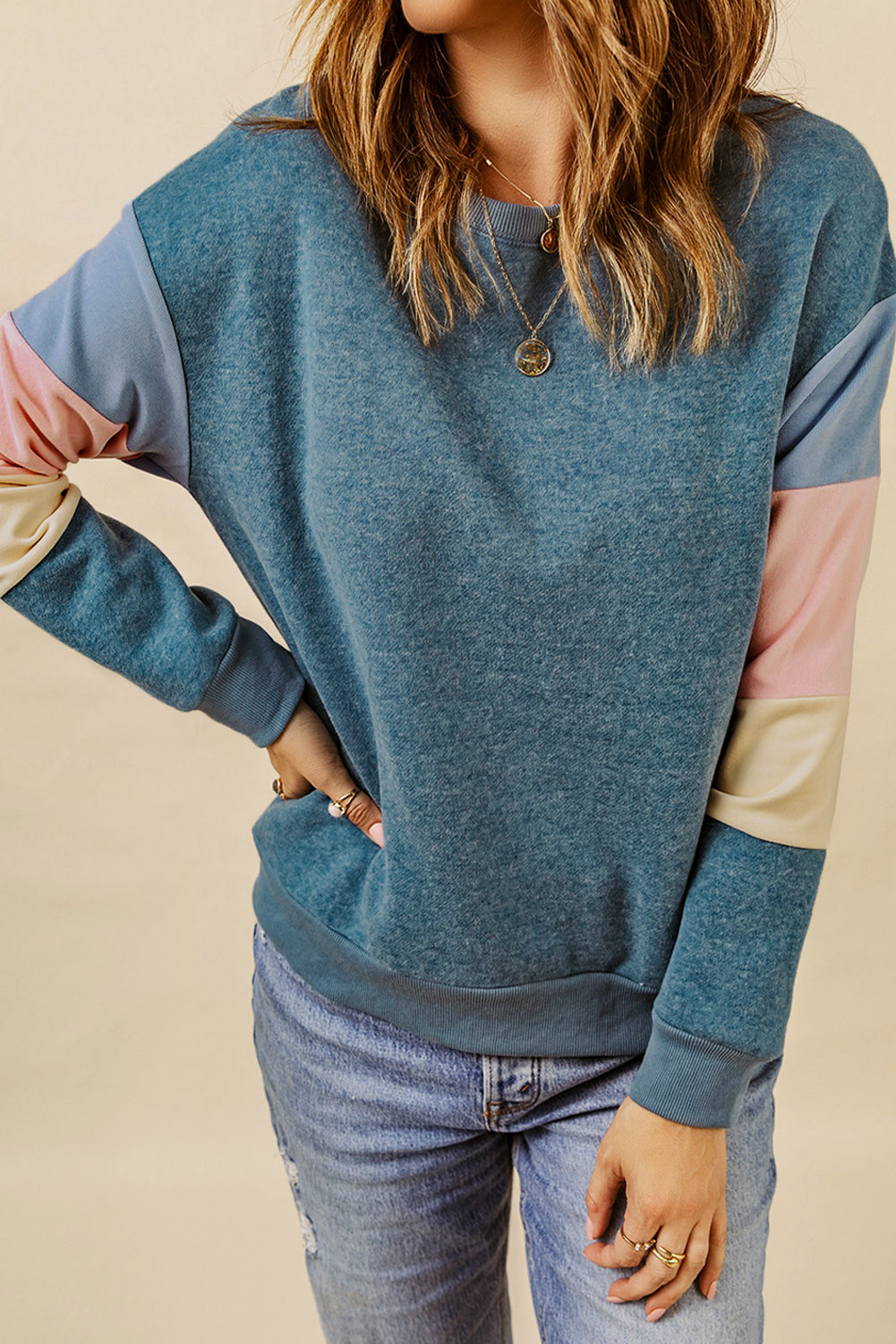 Gray Colorblock Long Sleeve Pullover Sweatshirt-Tops/Sweatshirts & Hoodies-[Adult]-[Female]-Blue-S-2022 Online Blue Zone Planet