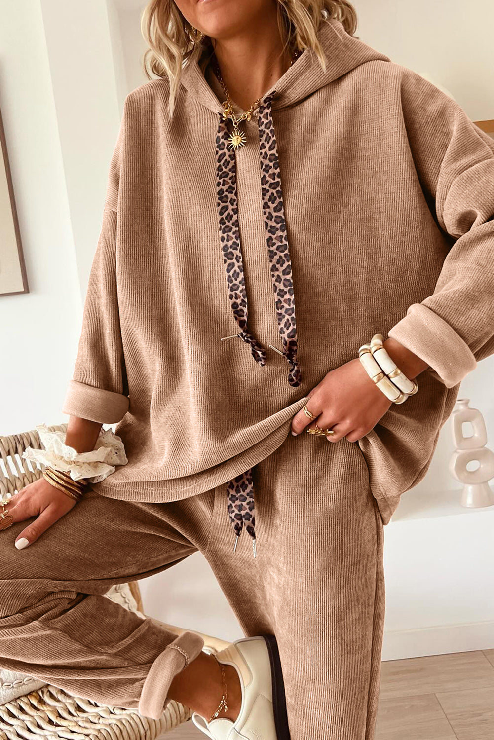 Rose Tan Lace Drawstring Pullover Hoodie and High Waist Pants Corduroy Suit