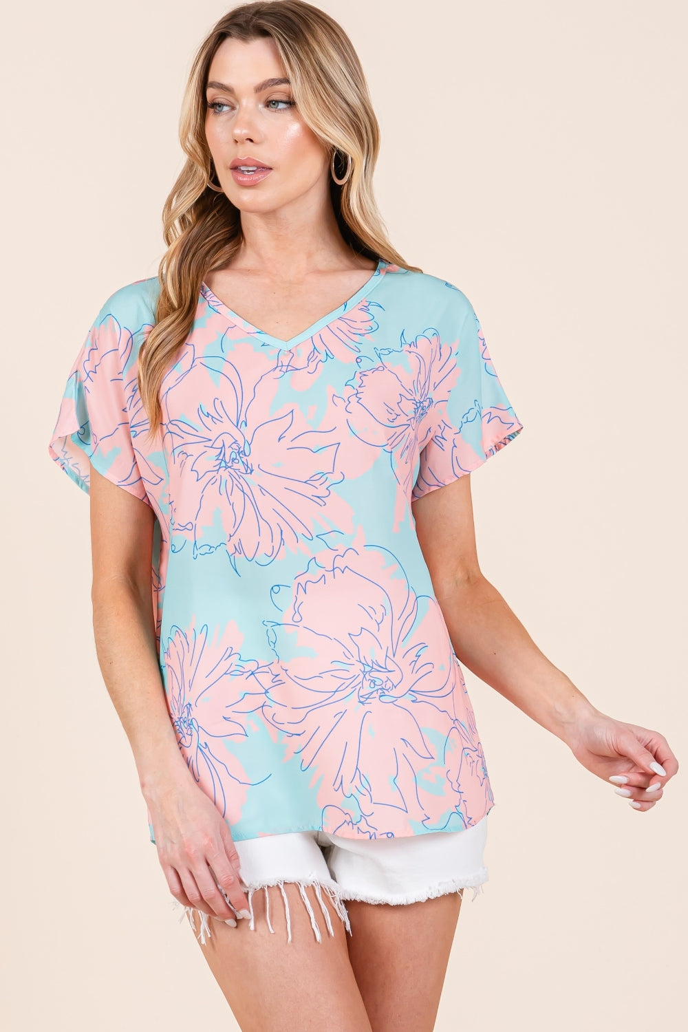 Blue Zone Planet | BOMBOM Floral Short Sleeve T-Shirt-TOPS / DRESSES-[Adult]-[Female]-Aqua-Pink-S-2022 Online Blue Zone Planet