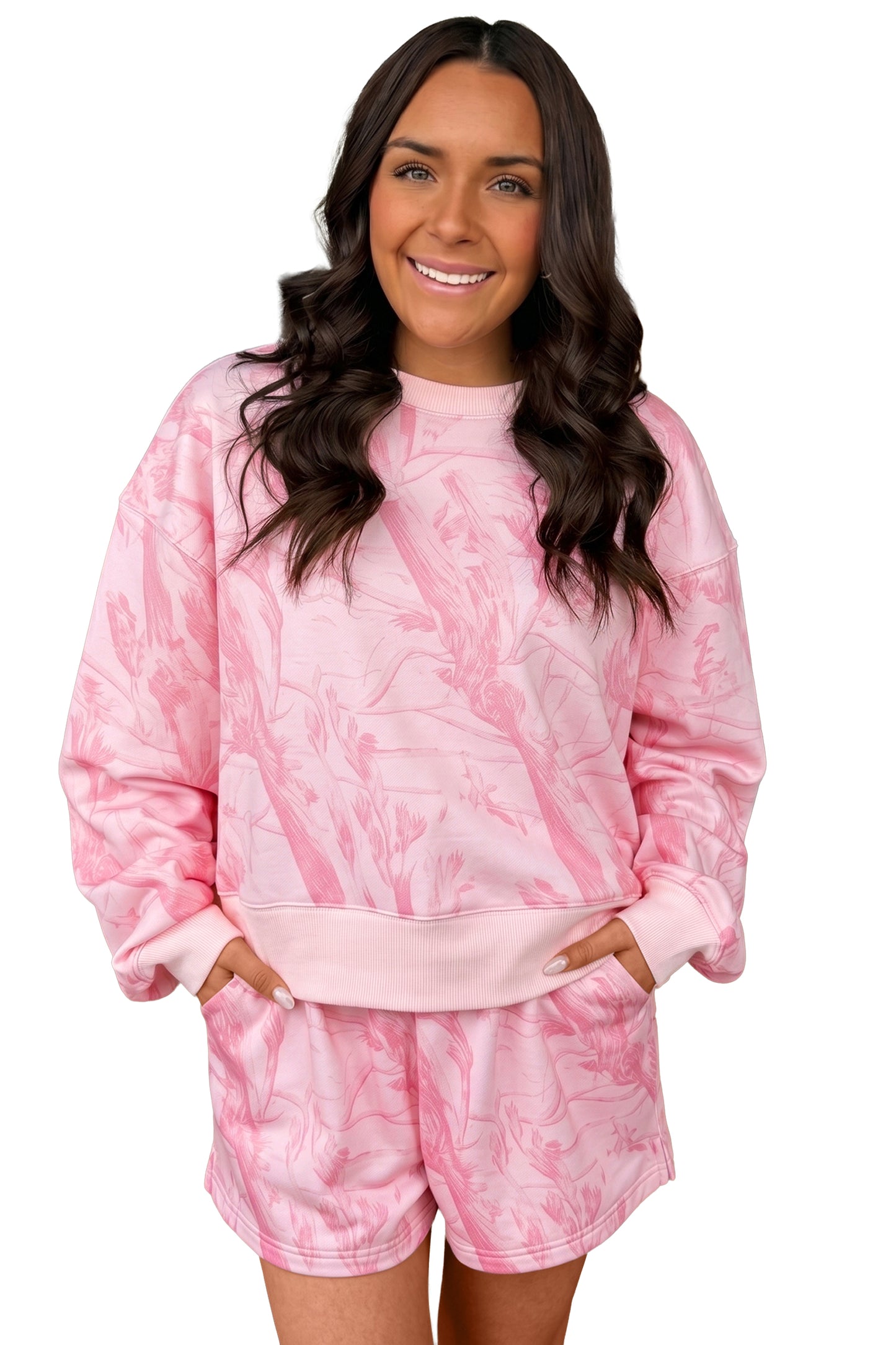 Pink Abstract Print Ribbed Crewneck Long Sleeve Top Elastic Waist Short Set-Two Piece Sets/Short Sets-[Adult]-[Female]-2022 Online Blue Zone Planet