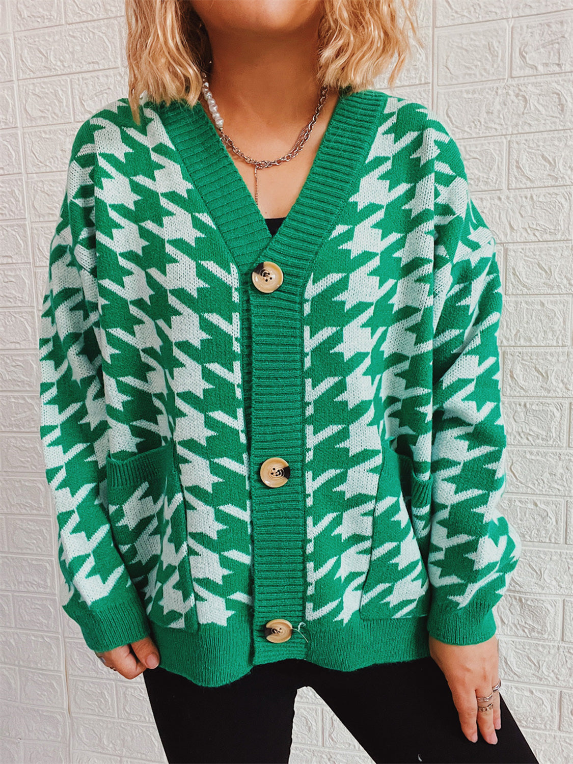 Houndstooth Botton Front Cardigan with Pockets-TOPS / DRESSES-[Adult]-[Female]-Mid Green-S-2022 Online Blue Zone Planet