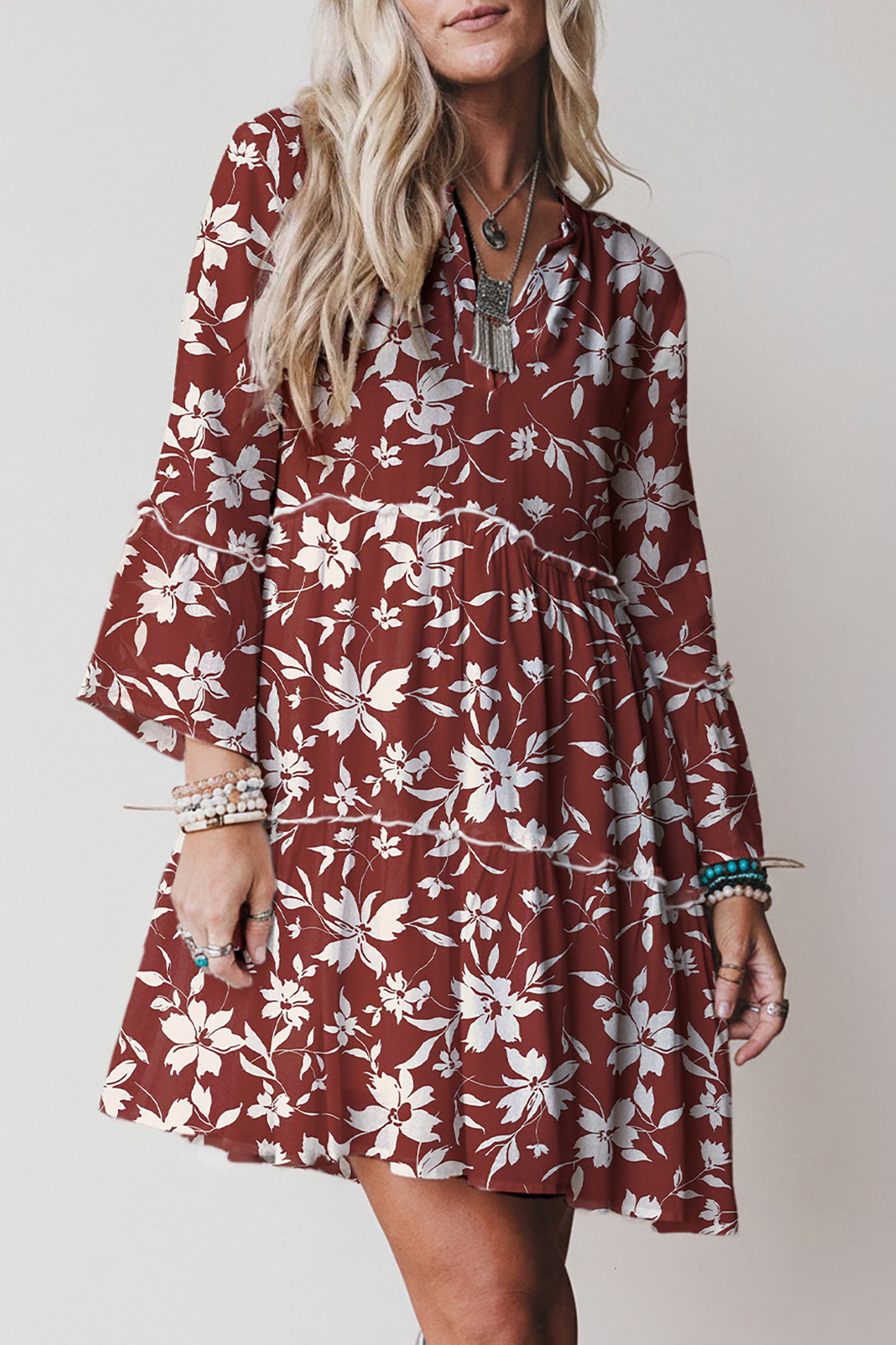 Red Boho Floral Print Lettuce Trim 3/4 Sleeve Mini Dress-Dresses/Floral Dresses-[Adult]-[Female]-Red-S-2022 Online Blue Zone Planet