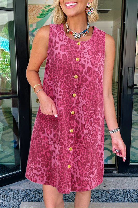 Pink Leopard Denim Buttoned Shift Sleeveless Dress-Dresses/Mini Dresses-[Adult]-[Female]-Pink-S-2022 Online Blue Zone Planet
