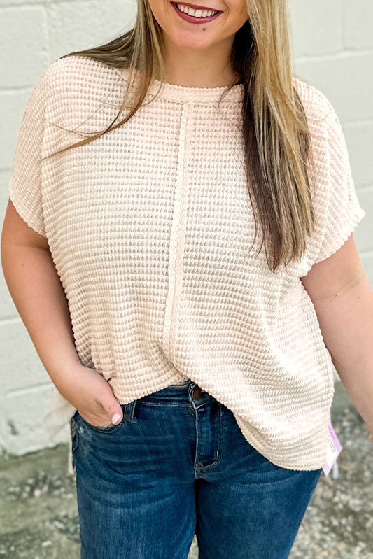 Beige Waffle Exposed Seam Detail Plus Size Short Sleeve Top-Plus Size/Plus Size Tops/Plus Size Tops & Tees-[Adult]-[Female]-Beige-1X-2022 Online Blue Zone Planet