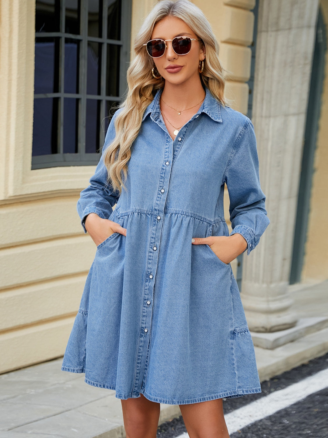 Blue Zone Planet | Tiered Button Up Long Sleeve Denim Dress-TOPS / DRESSES-[Adult]-[Female]-2022 Online Blue Zone Planet