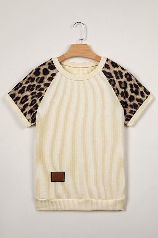 Apricot Ribbed Color Block Leopard Contrast Sleeve Loose Tee-Tops/Tops & Tees-[Adult]-[Female]-2022 Online Blue Zone Planet