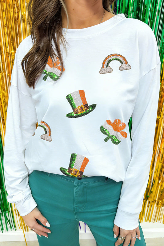 White Mardi Gras Festive Elements Sequin Graphic Long Sleeve Tee-Graphic Long Sleeve Tees-[Adult]-[Female]-White-L-2022 Online Blue Zone Planet