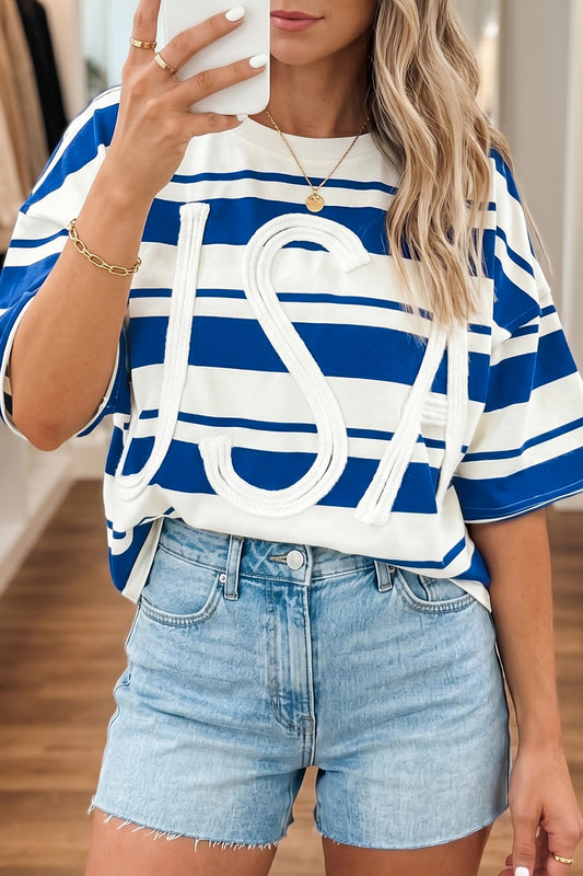 Blue Stripe Usa Graphic Drop Shoulder Half Sleeve Loose T Shirt-Tops/Tops & Tees-[Adult]-[Female]-Blue Stripe-S-2022 Online Blue Zone Planet