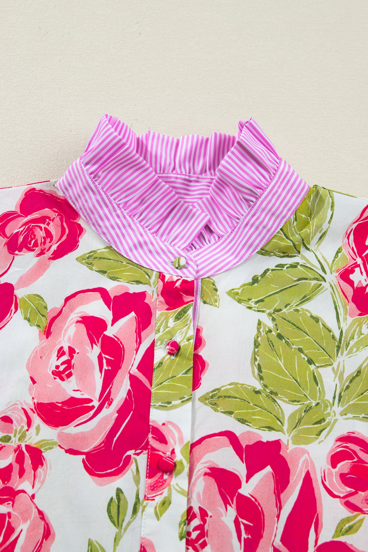 Pink Flower Print Striped Trim Frilled Collar Short Sleeve Shirt-Tops/Blouses & Shirts-[Adult]-[Female]-2022 Online Blue Zone Planet