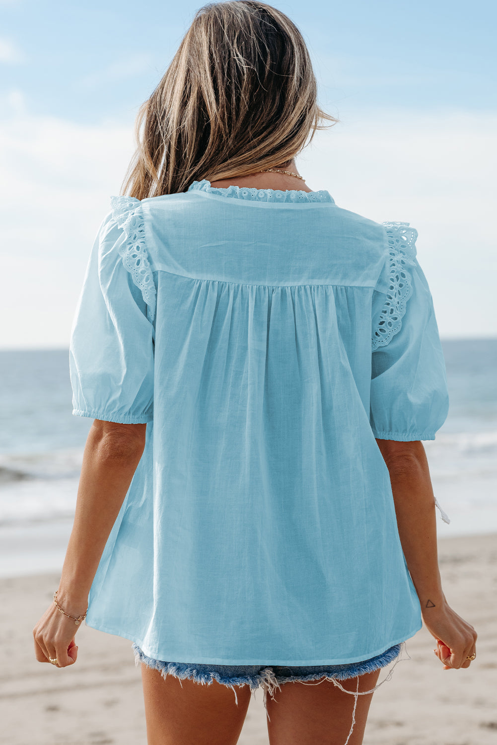 Mist Blue Embroidered Lace Patchwork Tie Neck Puff Short Sleeve Blouse-Tops/Blouses & Shirts-[Adult]-[Female]-2022 Online Blue Zone Planet