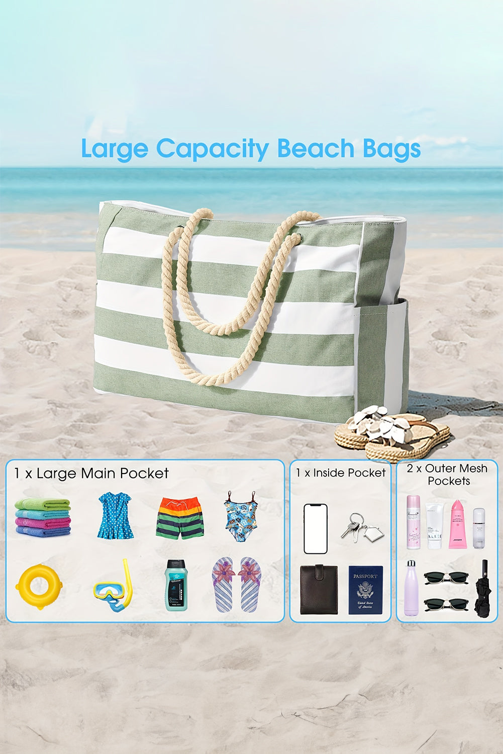 Grass Green Striped Rope Handle Canvas Large Tote Bag-Tote Bags-[Adult]-[Female]-2022 Online Blue Zone Planet