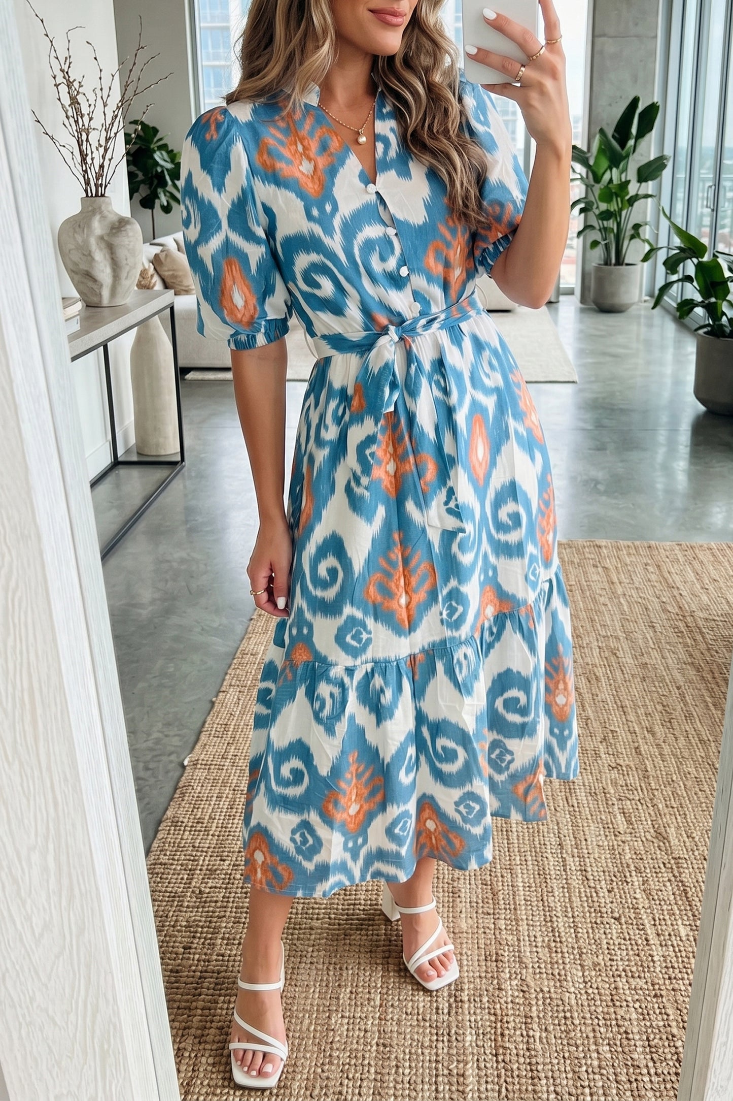 Sky Blue Boho Floral Print Short Puff Sleeve Button Down Ruffle Hem Midi Dress-TOPS / DRESSES-[Adult]-[Female]-2022 Online Blue Zone Planet
