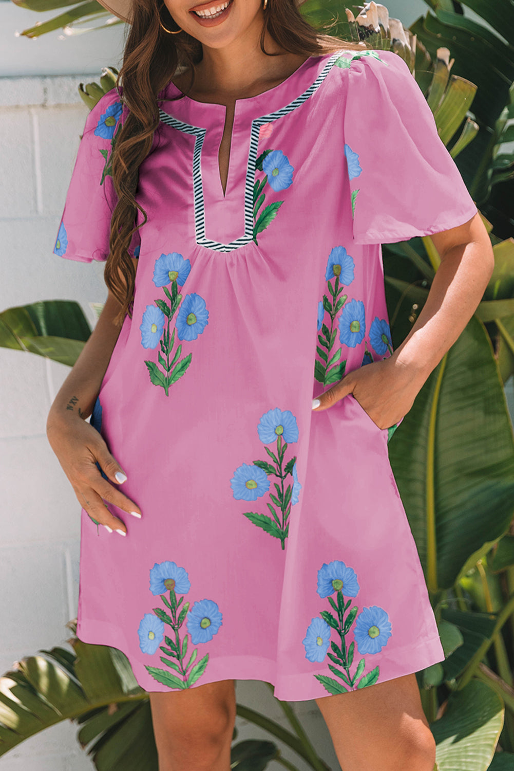 Rose Floral Short Sleeve Split Neck Loose Mini Dress-TOPS / DRESSES-[Adult]-[Female]-2022 Online Blue Zone Planet
