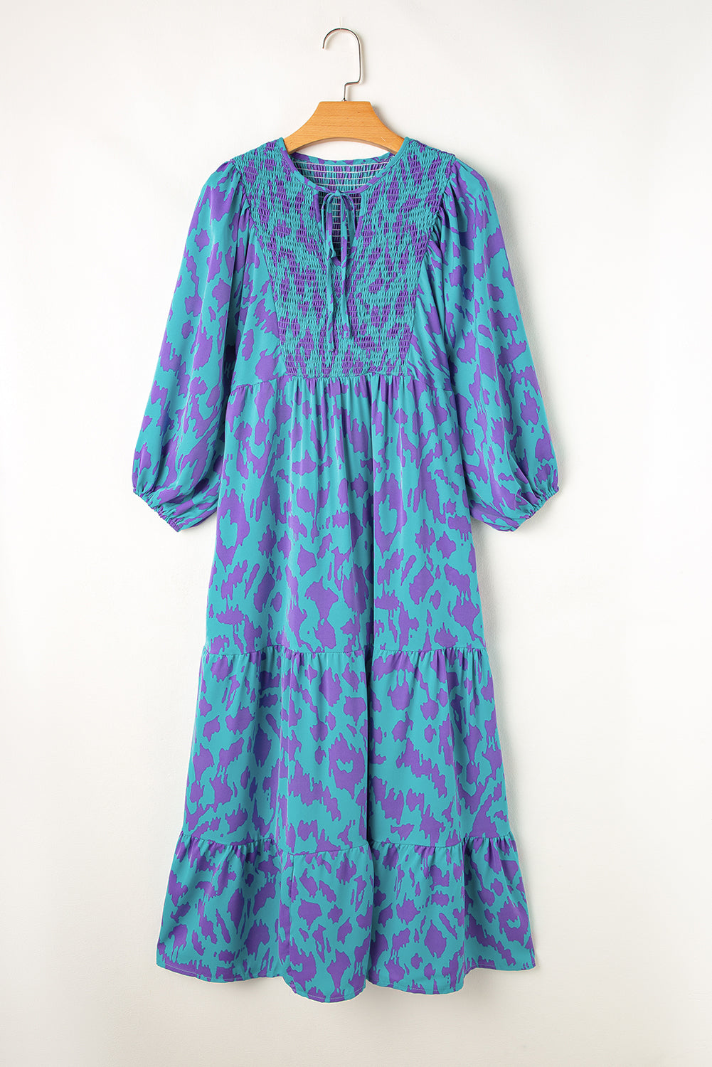 Blue Zone Planet | Sky Blue Abstract Print Puff Sleeve Tied Notched Neck Long Dress-TOPS / DRESSES-[Adult]-[Female]-2022 Online Blue Zone Planet