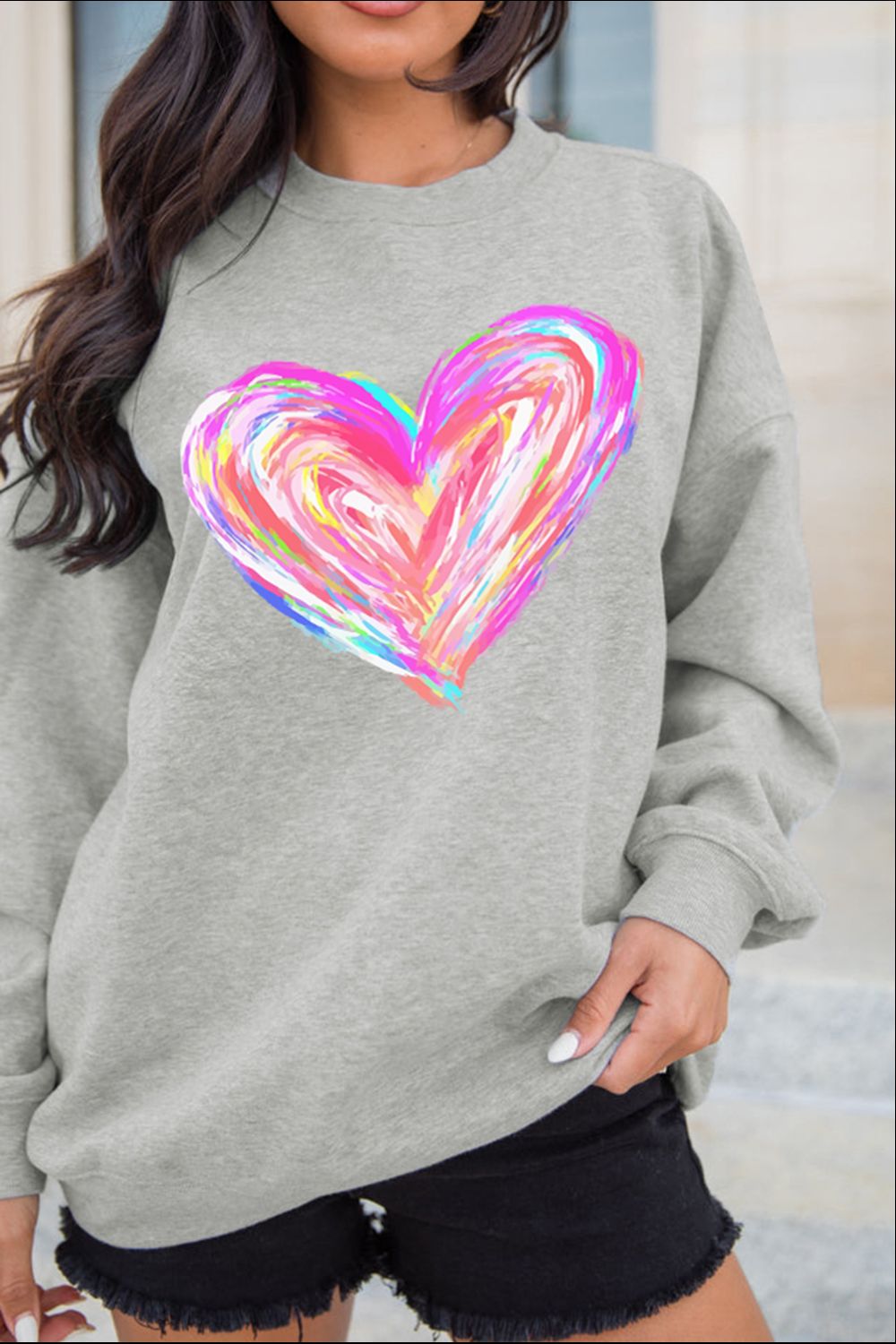 Valentine’s Day Heart Round Neck Drop Shoulder Sweatshirt-TOPS / DRESSES-[Adult]-[Female]-Gray-S-2022 Online Blue Zone Planet