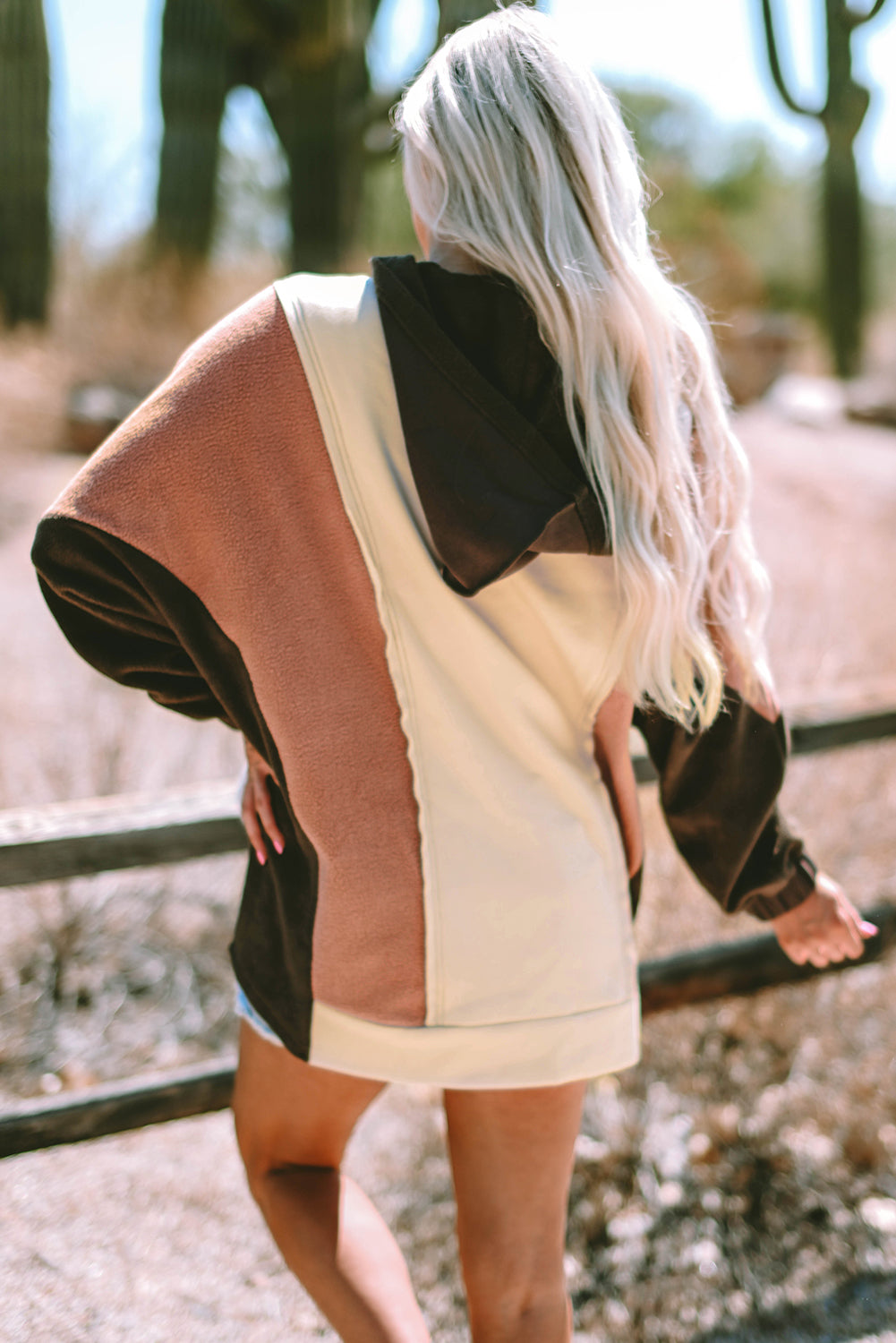 Beige Oversized Color Block Patchwork High Low Hoodie-Tops/Sweatshirts & Hoodies-[Adult]-[Female]-2022 Online Blue Zone Planet