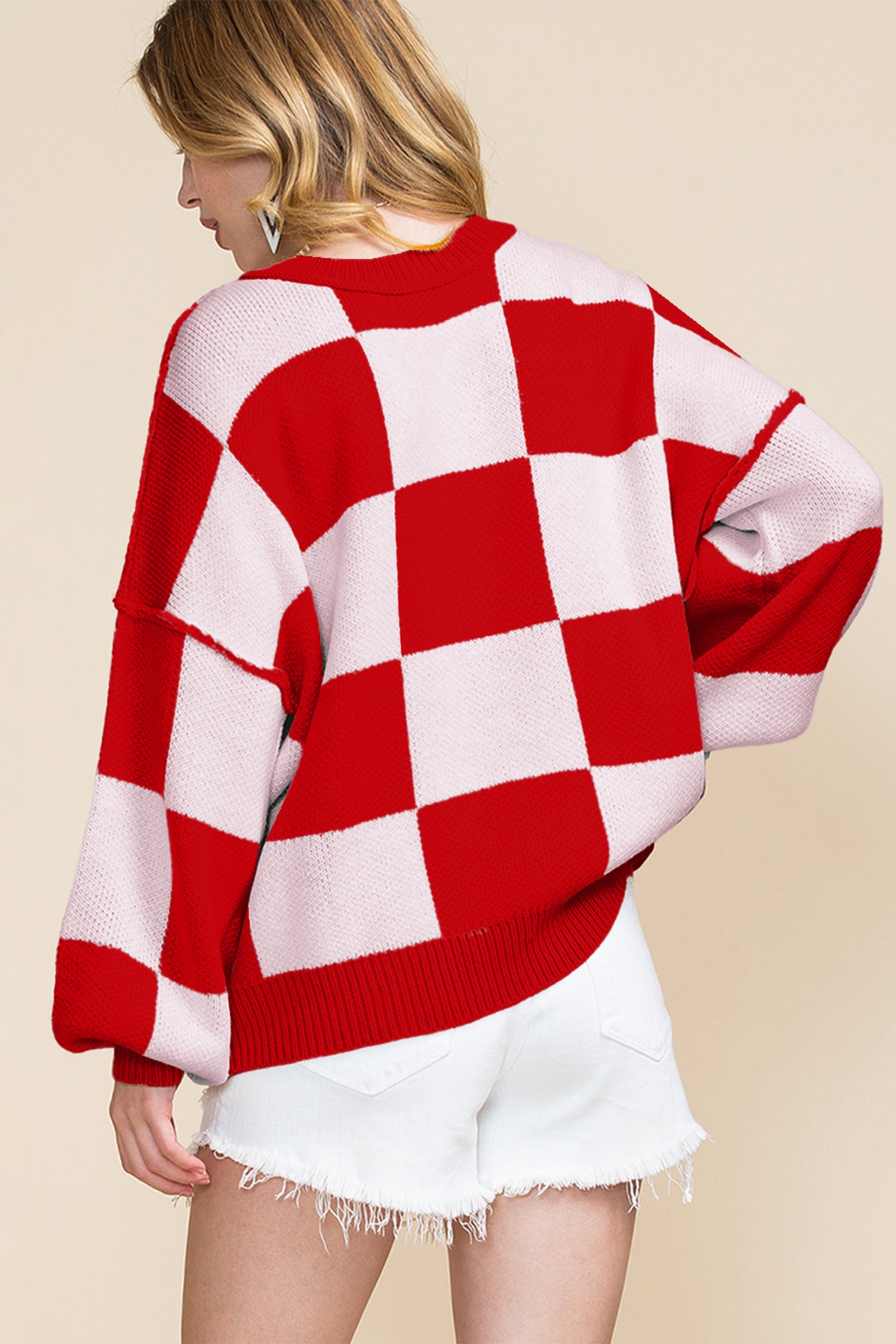 Fiery Red Checkered Bishop Sleeve Sweater-Sweaters & Cardigans/Sweaters-[Adult]-[Female]-2022 Online Blue Zone Planet