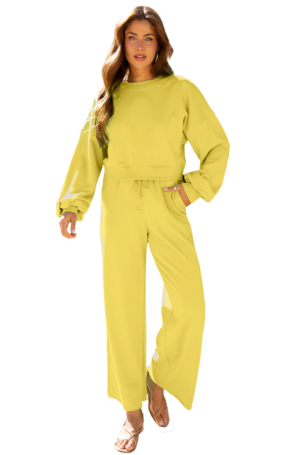 Yellow Cream Drop Shoulder Puff Sleeve Crop Pullover Drawstring Wide Leg Pants Set-Two Piece Sets/Pant Sets-[Adult]-[Female]-2022 Online Blue Zone Planet