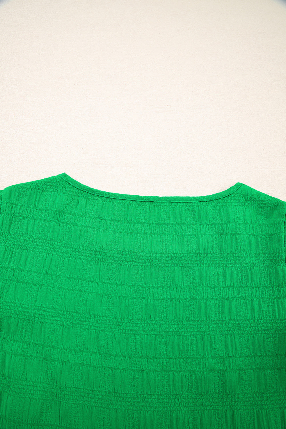Dark Green Textured Ruffled Sleeve Round Neck Top-Tops/Blouses & Shirts-[Adult]-[Female]-2022 Online Blue Zone Planet