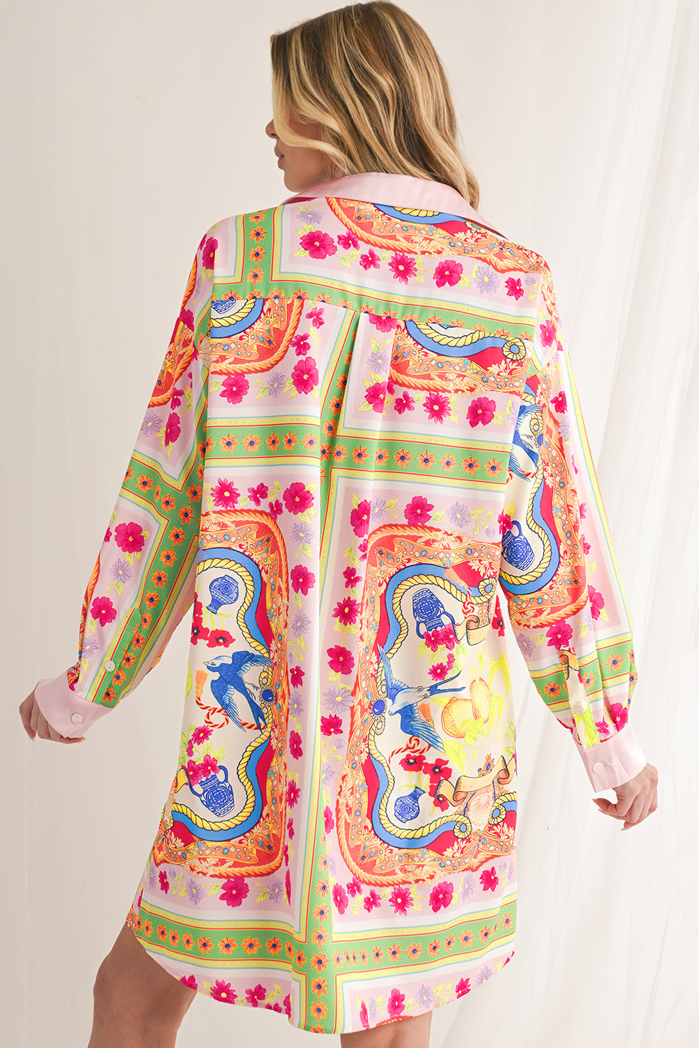 Multicolour Abstract Print Button Long Sleeve Shirt Dress-Short Dresses-[Adult]-[Female]-2022 Online Blue Zone Planet