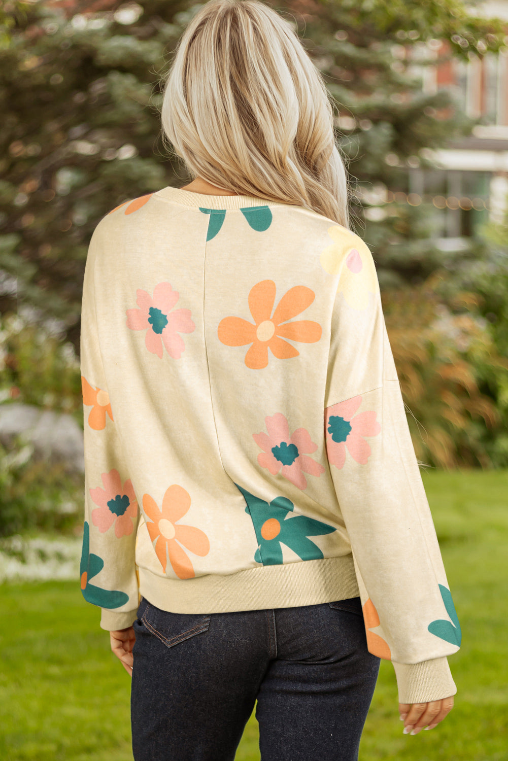 Khaki Mineral Washed French Terry Flower Print Sweatshirt-Tops/Sweatshirts & Hoodies-[Adult]-[Female]-2022 Online Blue Zone Planet