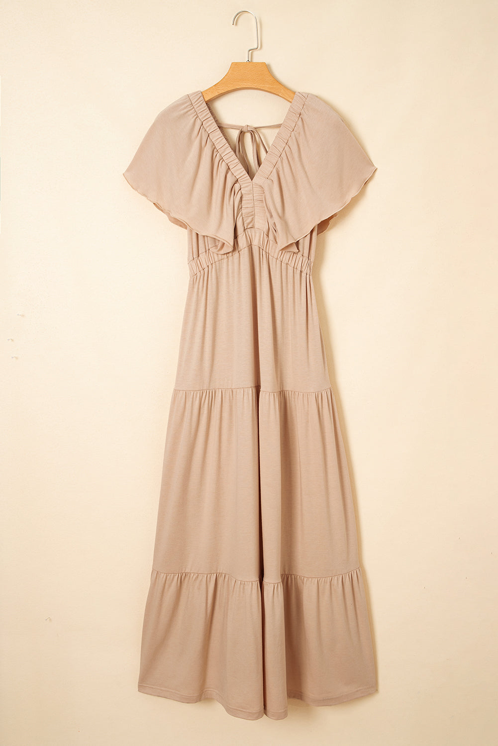 Parchment Textured V Neck Flutter Sleeve Ruffled Maxi Dress-Dresses/Maxi Dresses-[Adult]-[Female]-2022 Online Blue Zone Planet