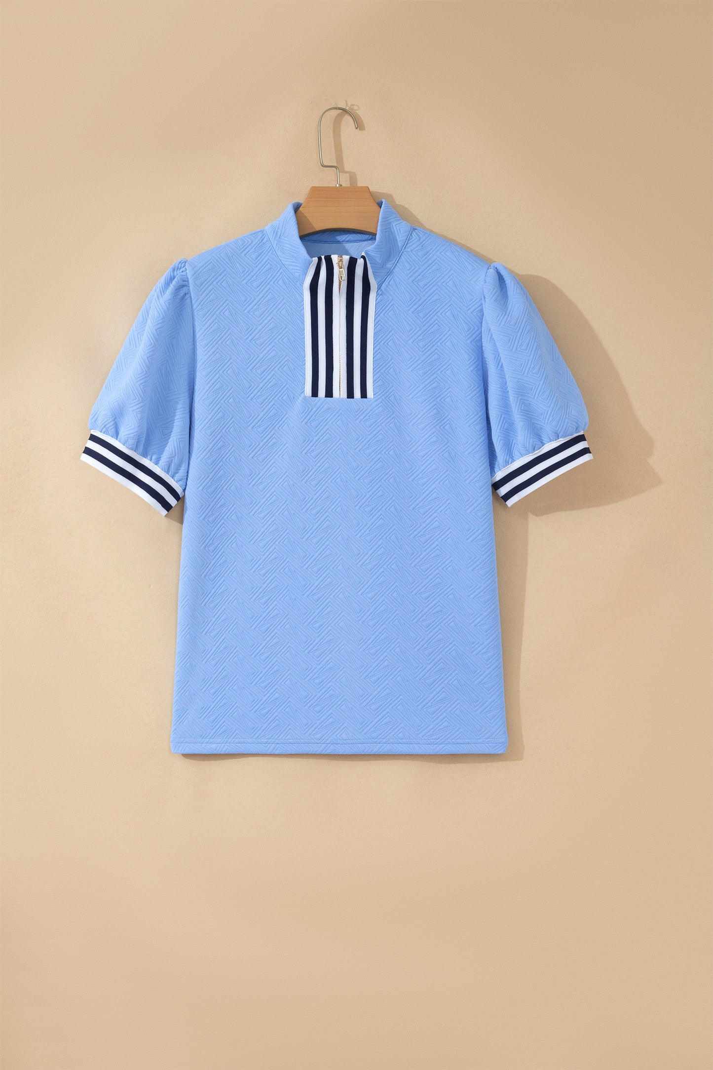Myosotis Stylish Textured Stripe Trim Split Neck Puff Sleeve Top-Tops/Tops & Tees-[Adult]-[Female]-2022 Online Blue Zone Planet