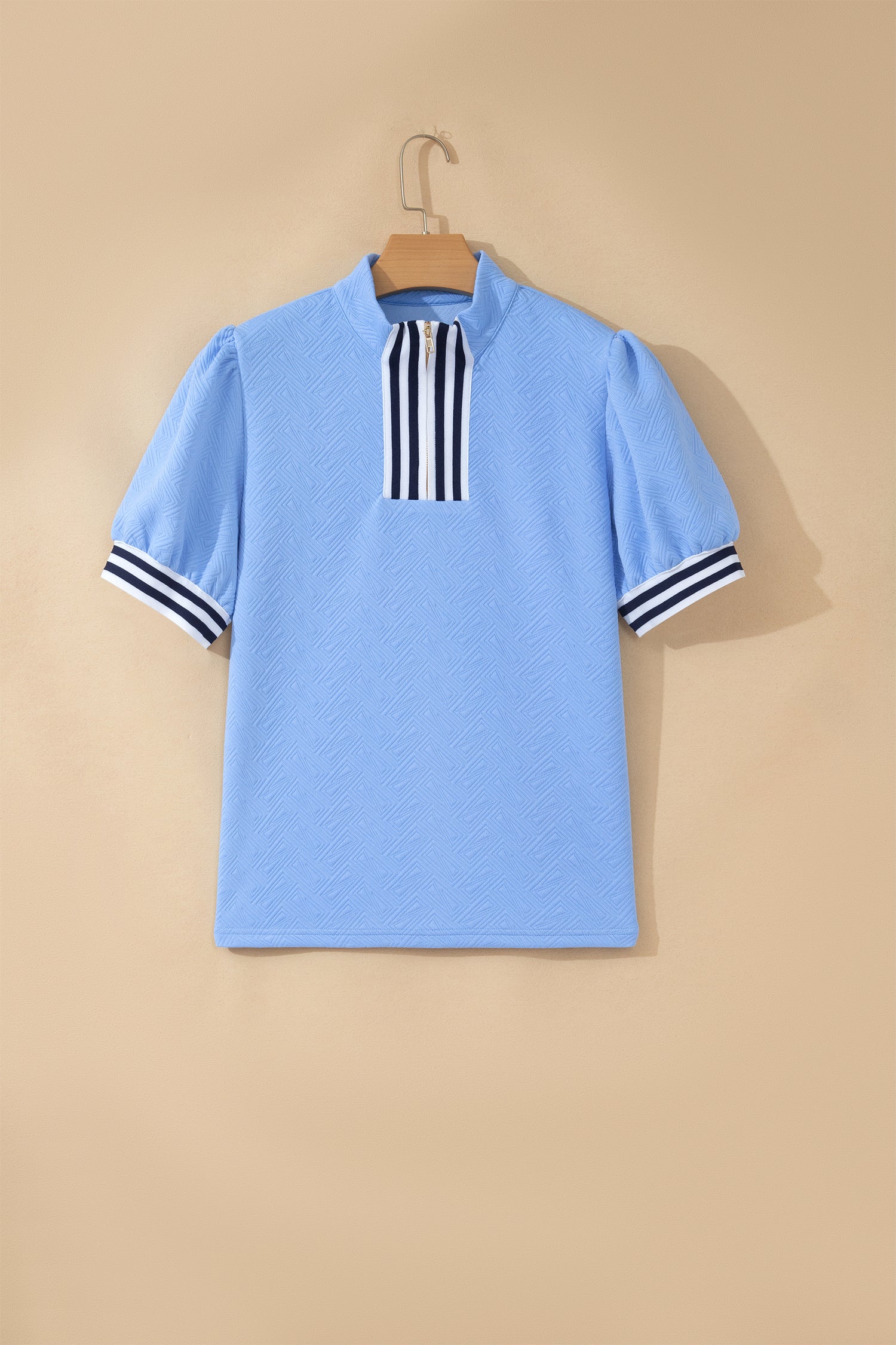 Myosotis Stylish Textured Stripe Trim Split Neck Puff Sleeve Top-Tops/Tops & Tees-[Adult]-[Female]-2022 Online Blue Zone Planet
