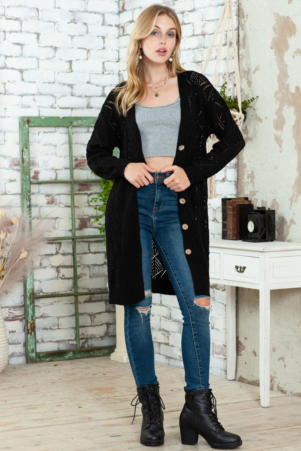 Black Button Up Hollow Out Loose Long Cardigan-Cardigans-[Adult]-[Female]-2022 Online Blue Zone Planet