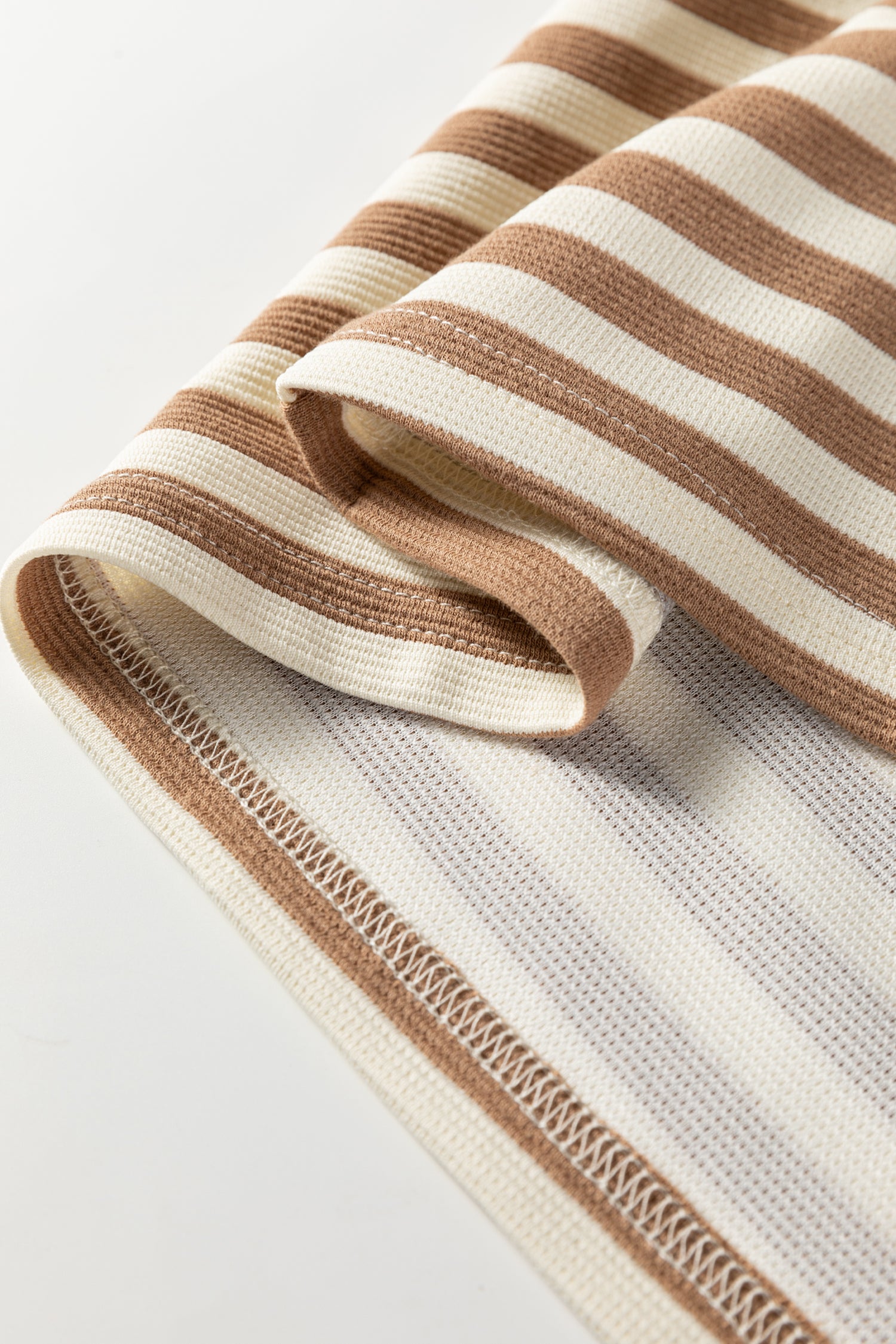 Brown Stripe Short Puff Sleeve Contrast Trim Round Neck Tee-Tops/Tops & Tees-[Adult]-[Female]-2022 Online Blue Zone Planet