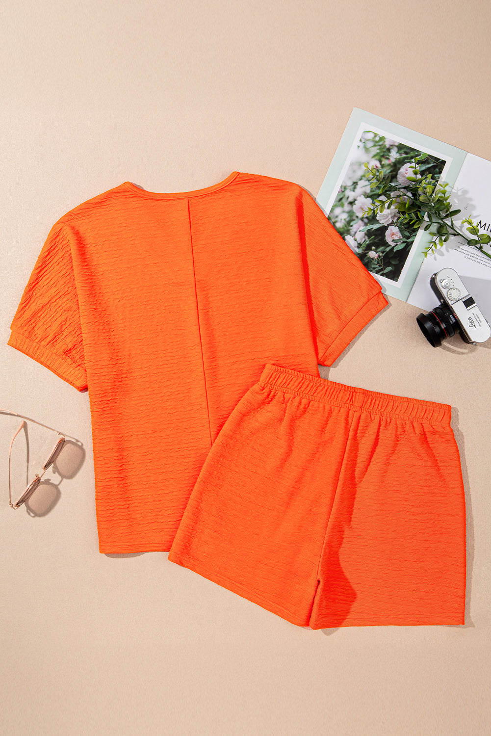 Orange Textured V Neck T Shirt and Shorts Set-Two Piece Sets/Short Sets-[Adult]-[Female]-2022 Online Blue Zone Planet