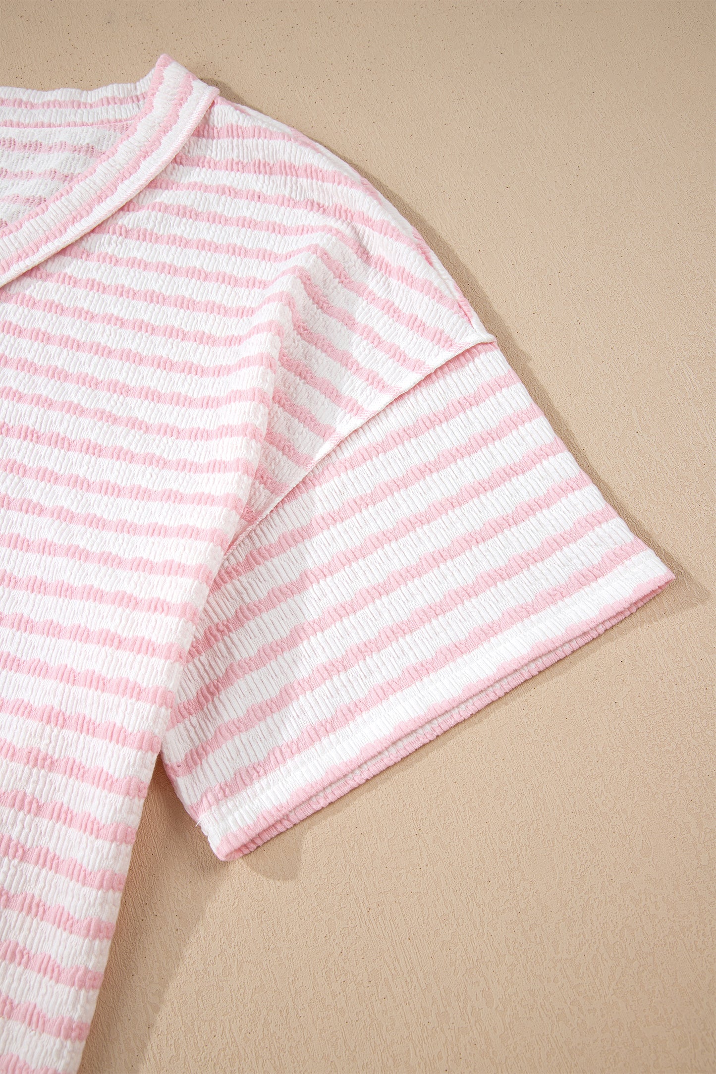 Pink Stripe Plus Size V Neck Exposed Seam Patchwork T Shirt-Plus Size/Plus Size Tops/Plus Size Tops & Tees-[Adult]-[Female]-2022 Online Blue Zone Planet