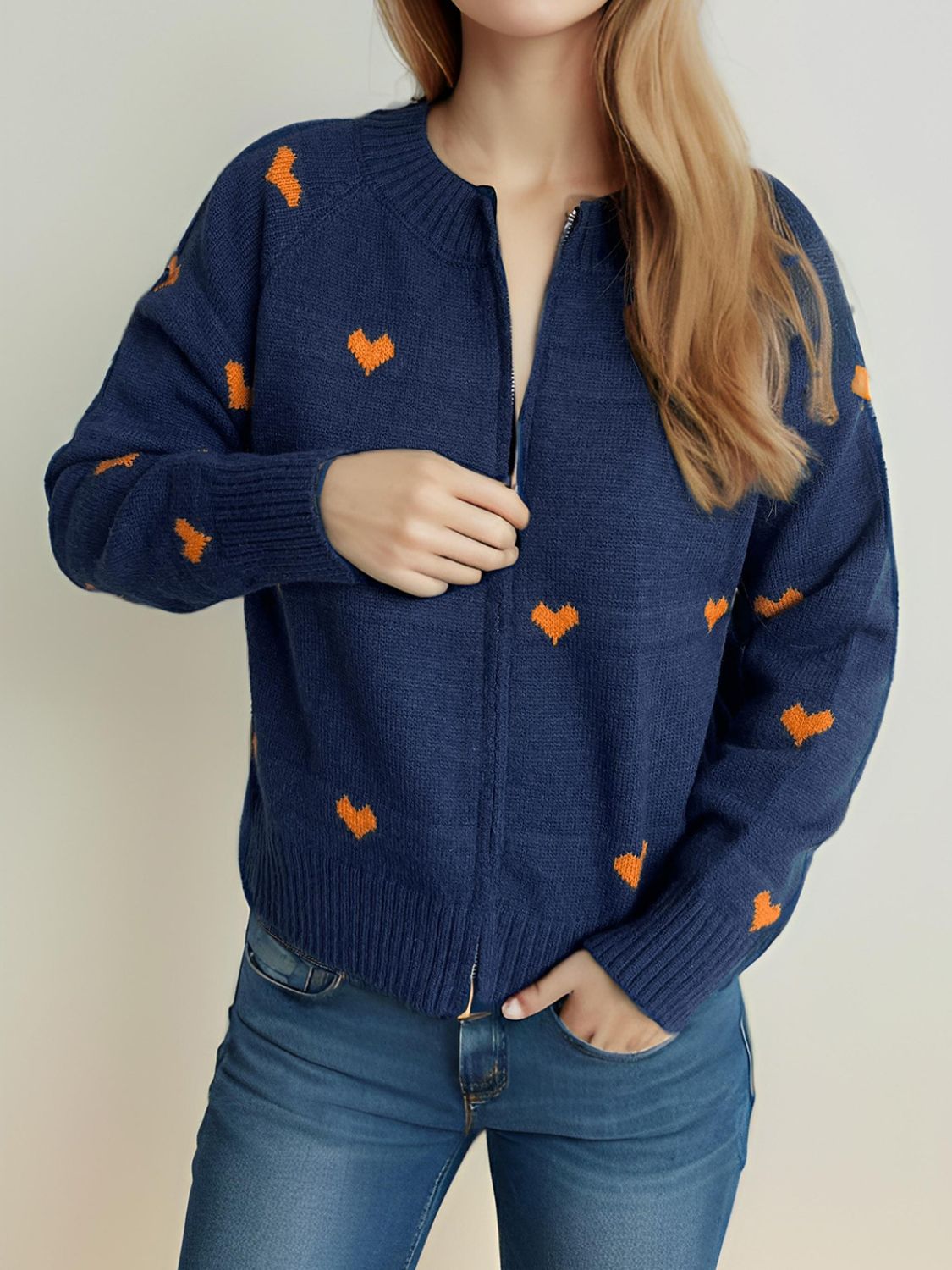 Heart Round Neck Zip Up Cardigan-NEW ARRIVALS-[Adult]-[Female]-2022 Online Blue Zone Planet